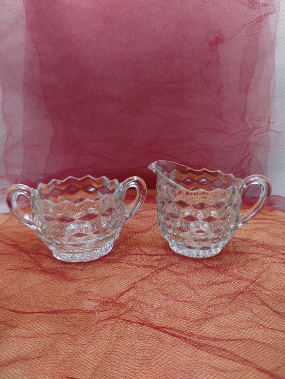 Vintage Fostoria American Clear Glass Cubist Creamer & Sugar Bowl Set As-Is CHIP